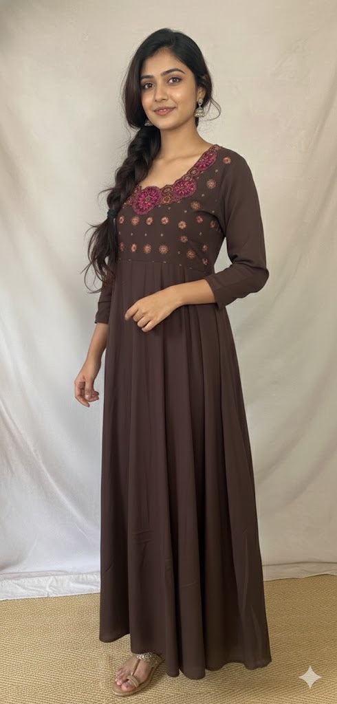 Brown anarkali kurti with bottom and dupatta