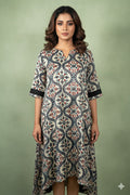 Cream and blue mashru ajrakh dress with high low pattern