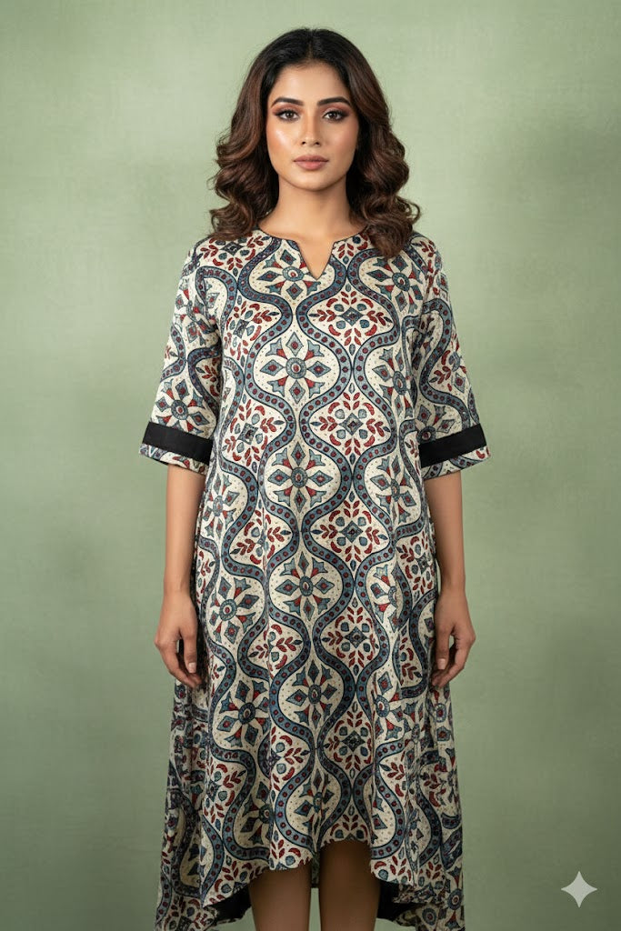 Cream and blue mashru ajrakh dress with high low pattern