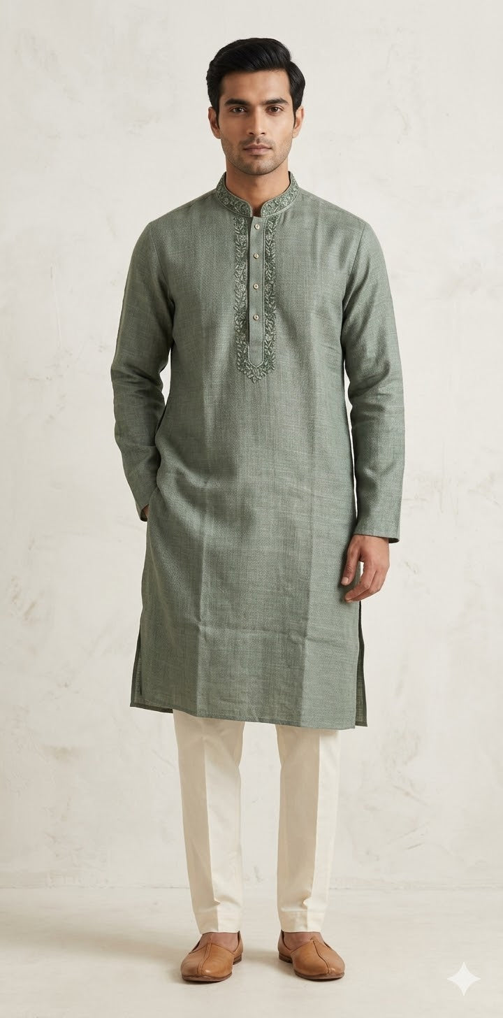 Grey linen silk kurta with hand emroidery - 42
