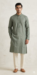 Grey linen silk kurta with hand emroidery - 42