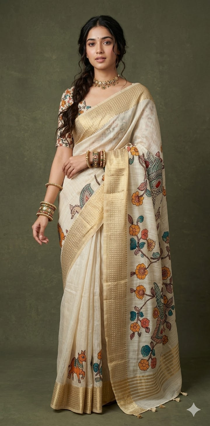 Soft linen tissue saree with kalamkari patch work and banarsi border, with BP