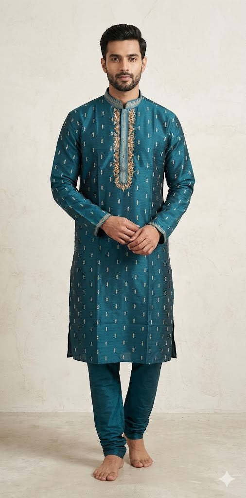 Peacock blue Silk kurta with zardosi hand work
