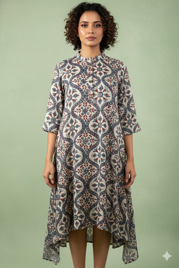 Cream and blue mashru ajrakh dress with high low pattern