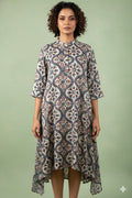 Cream and blue mashru ajrakh dress with high low pattern