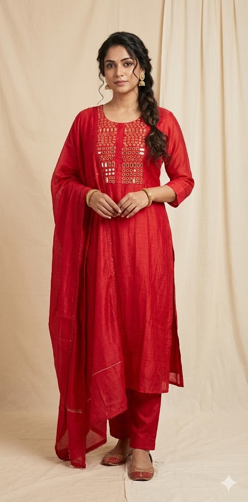 Red chanderi silk kurti set with mirror work