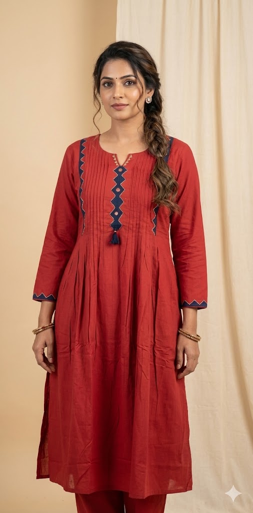 Orange cotton kurti with mirror and handwork, and bottom
