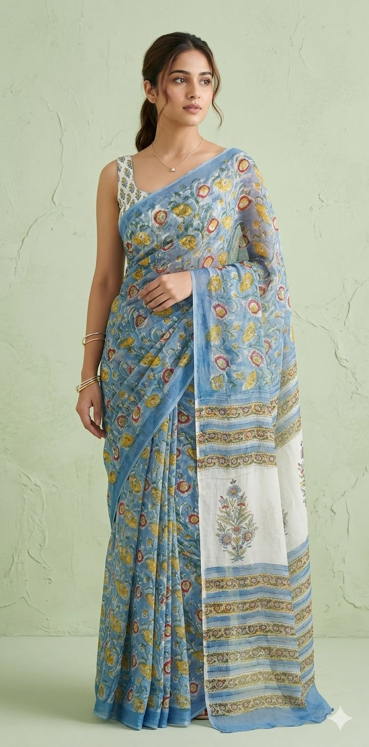 Premium handblock printed Pure Chiffon saree , with BP
