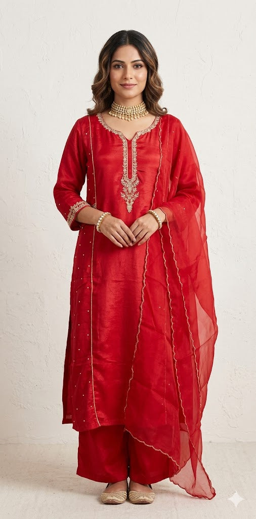 Red color cotton silk kurti with handwork, with bottom and dupatta