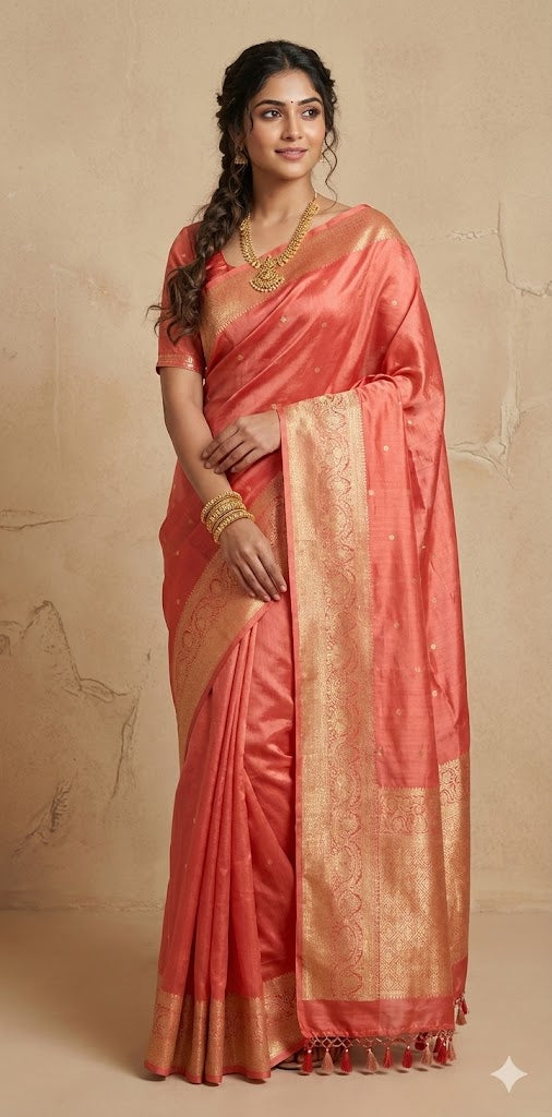 Peach pink pure raw mango silk saree with stitched blouse