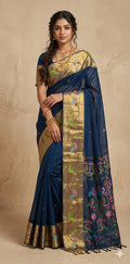 Peacock blue cottan paitani saree with stitched blouse