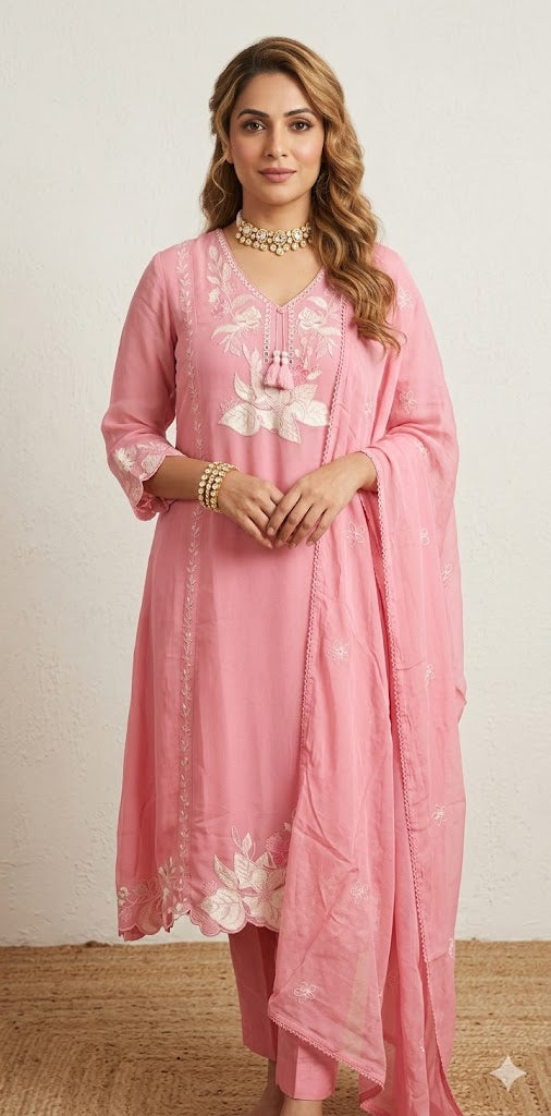 Light pink organza silk kurti with bottom and dupatta