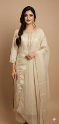 Cream color cotton silk kurti with handwork , comes with bottom and dupatta