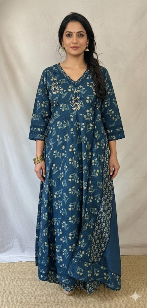 Indigo cotton anarkalai with handwork , bottom and dupatta