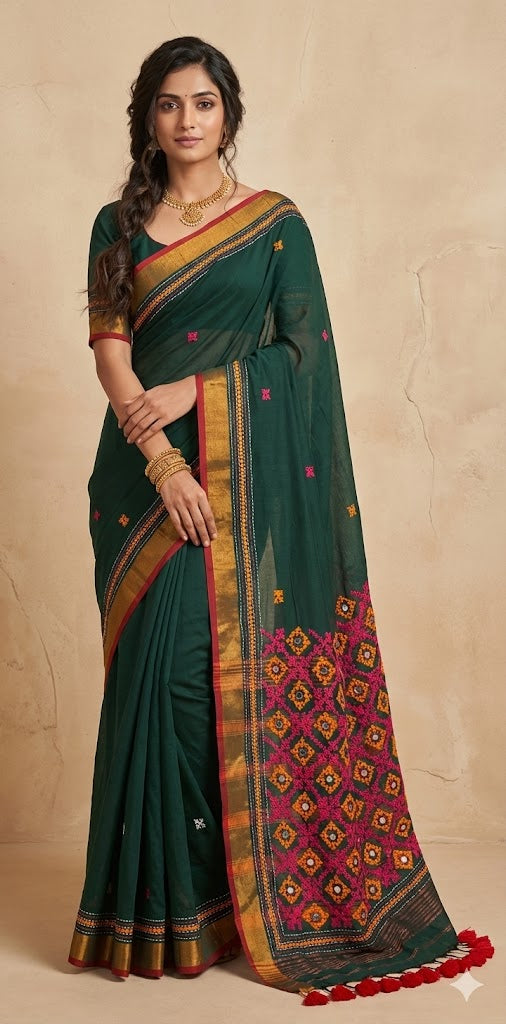 Green cotton saree with kutch work and stitched blouse