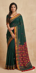 Green cotton saree with kutch work and stitched blouse