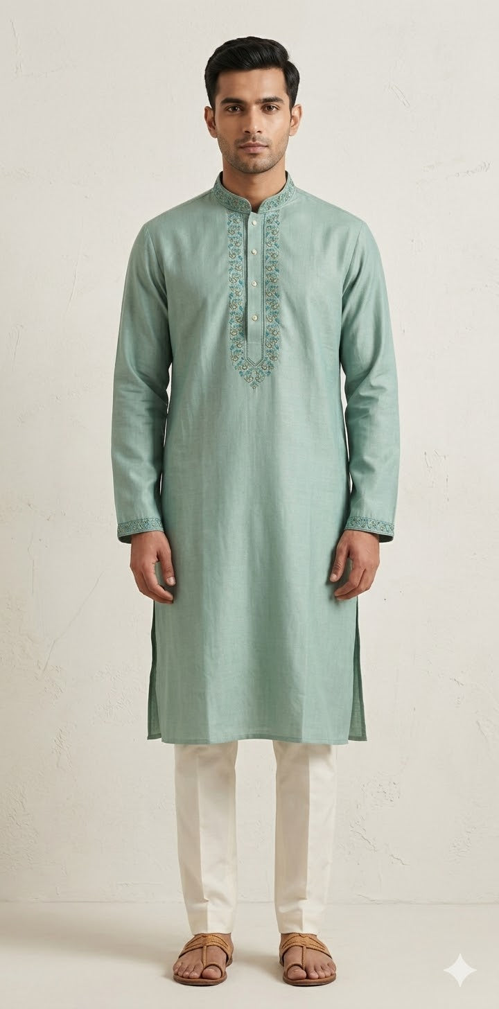 LIght teal green silk kurta