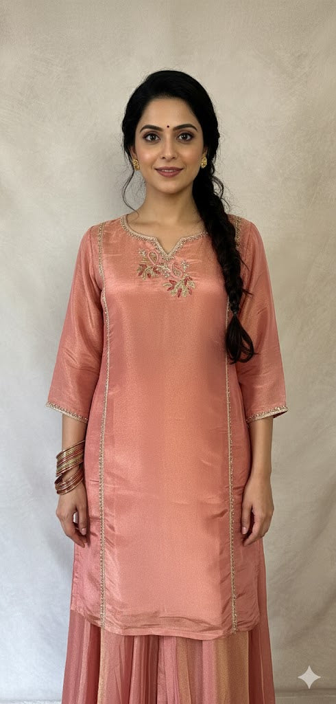 Rose gold tissue silk short kuti with hand emroidery and flared palazzo and dupatta