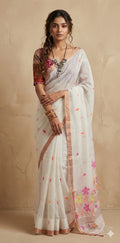 White  tissue linen saree with jamdani weave, with BP