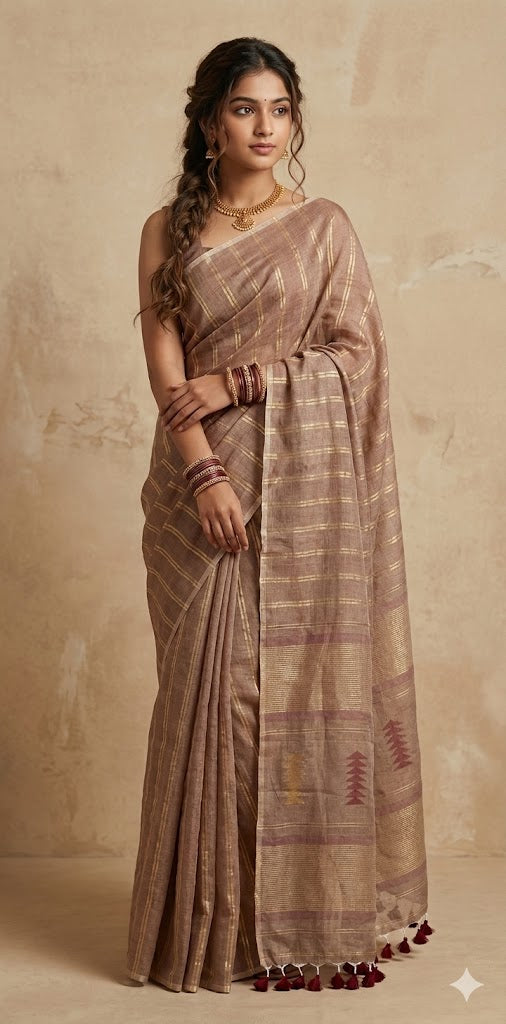 Handloom cotton saree with gold stripe, with BP
