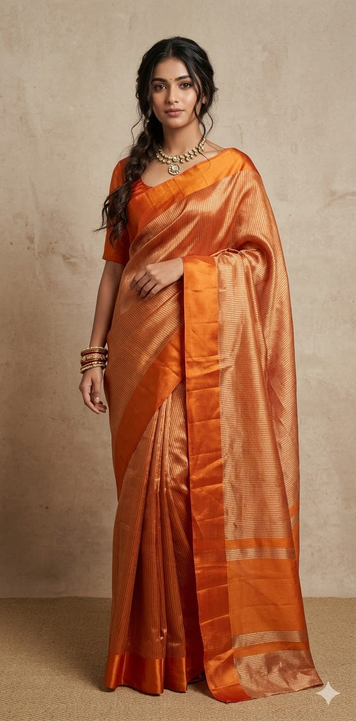 Orange stripe tissue silk saree with stitched blouse
