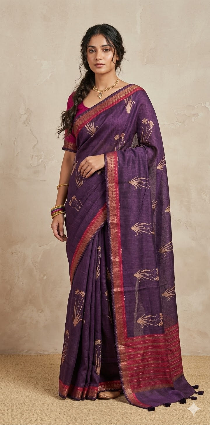 Blended Tussar silk saree with block prints and high lighted with handwork, stitched blouse