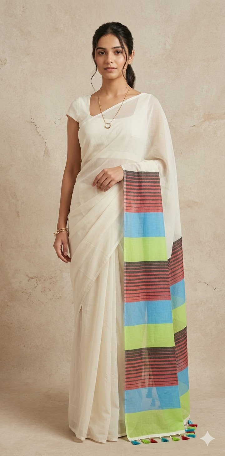 Soft cotton saree with multi color border