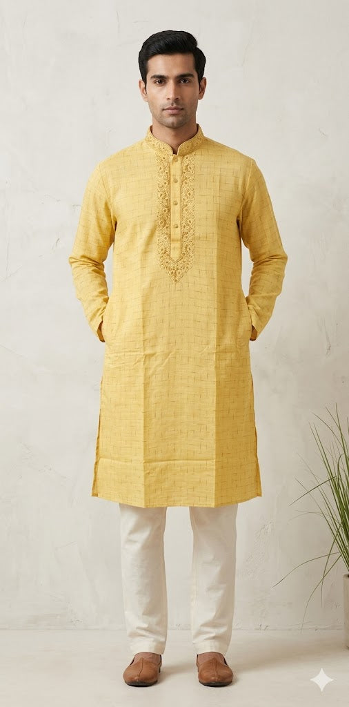 Light yellow cotton silk kurta with hand embroidery - 40