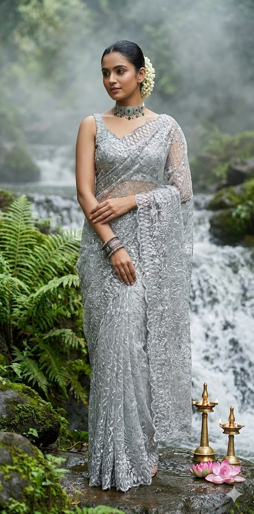 Pastel green lace fabric ready to wear saree with designer blouse