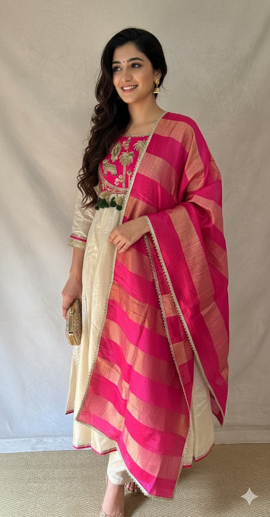 cream color tissue silk kurti with handwork, with bottom and dupatta