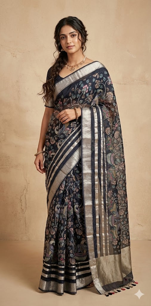 Kalamkari printed organza silk saree with stitched blouse