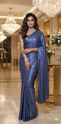 Ready made pre pleated English blue crushed tissue crepe saree