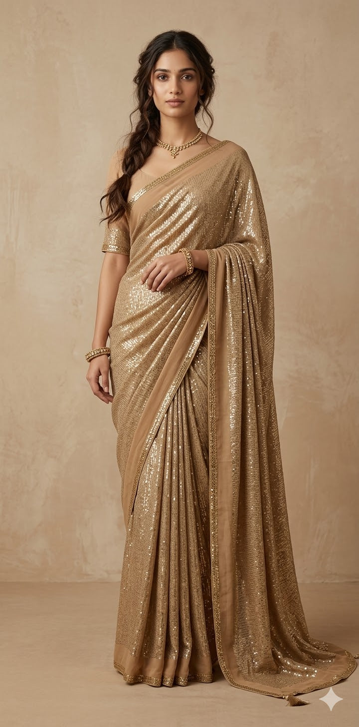 Chikku/Latte color georgette saree with gotta lines, stitched blouse