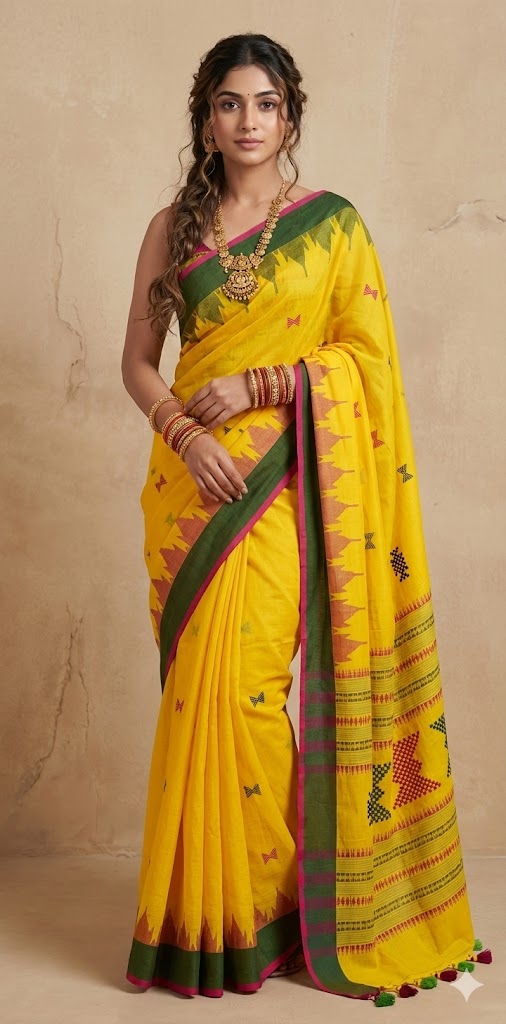 Yellow handloom cotton saree with temple border and stitched blouse