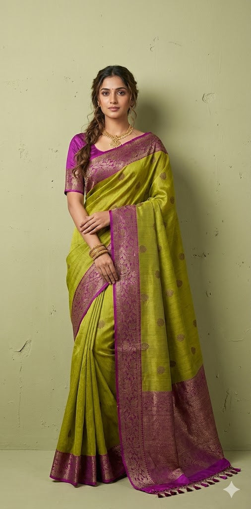 Pure silk Tussar Banarsi saree with stitched blouse