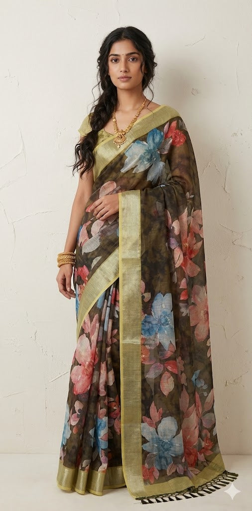 Fancy linen digital printed saree with BP
