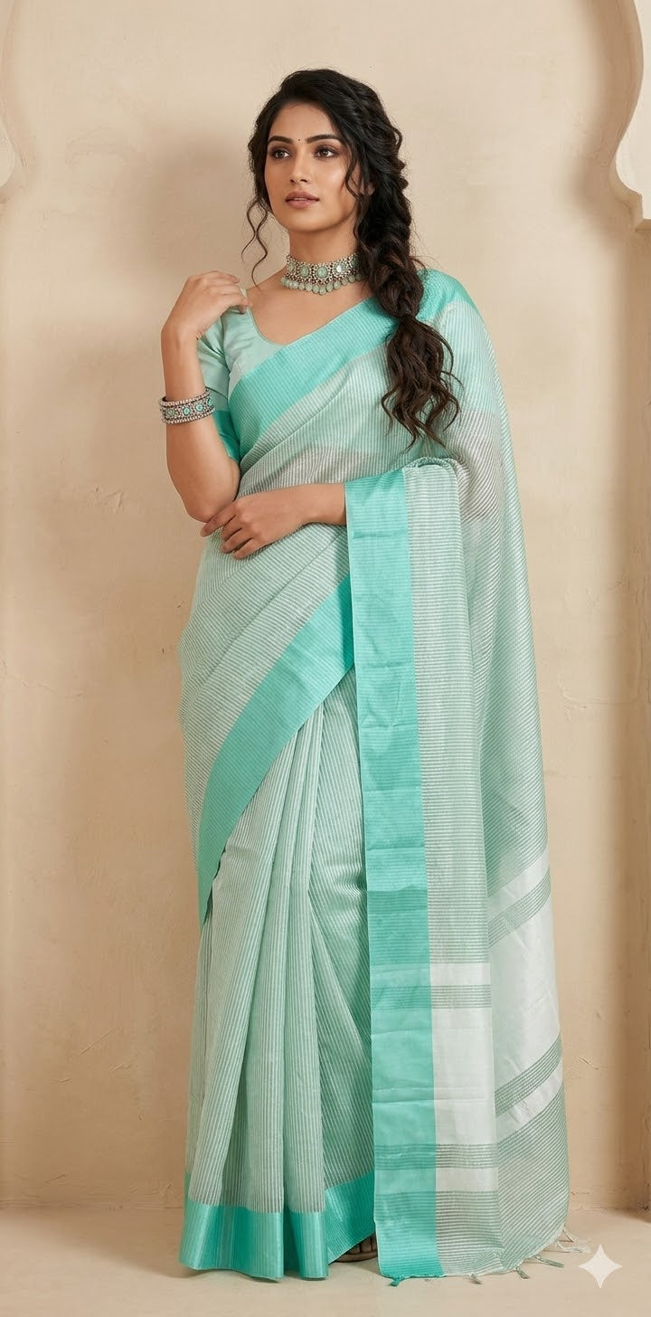 Light pista green stripe tissue silk saree with stitched blouse