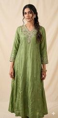 Olive green silk kurti set with hand embroidery