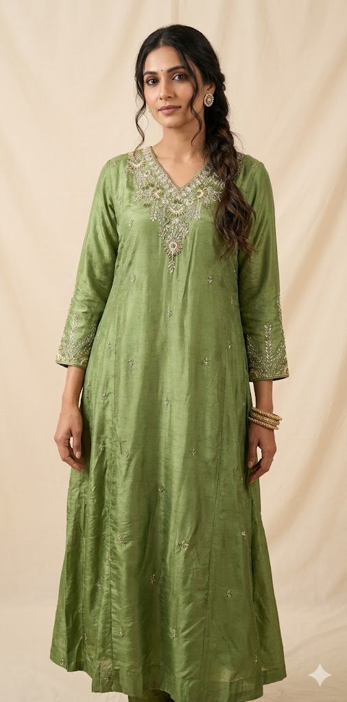 Olive green silk kurti set with hand embroidery