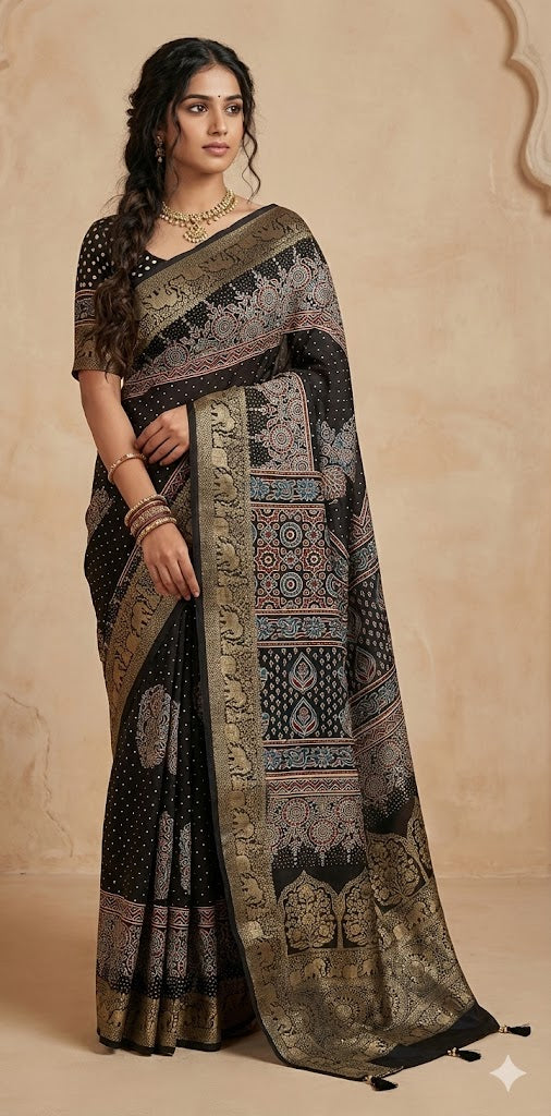 Ajrakh hand block printed premium dola silk saree with stitched blouse