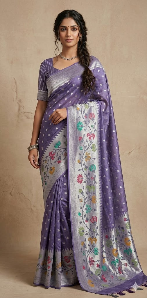 Pure Tussar Georgette Hand Loom Banarsi Saree With Paithani Border and Stitched Blouse