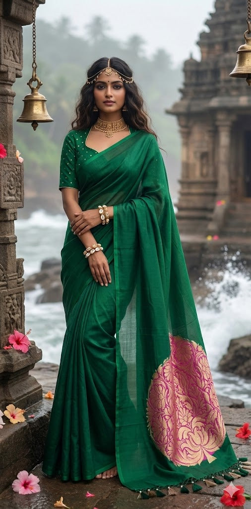 Bottle green munga tussar silk saree with designer pallu and stitched blouse