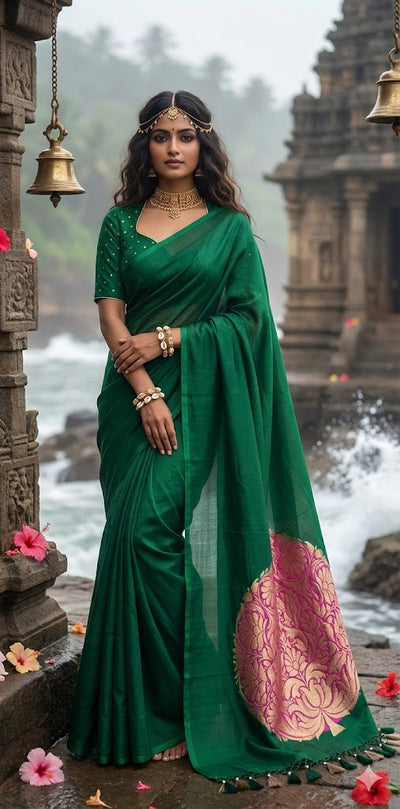 Bottle green munga tussar silk saree with designer paalu and stitched blouse