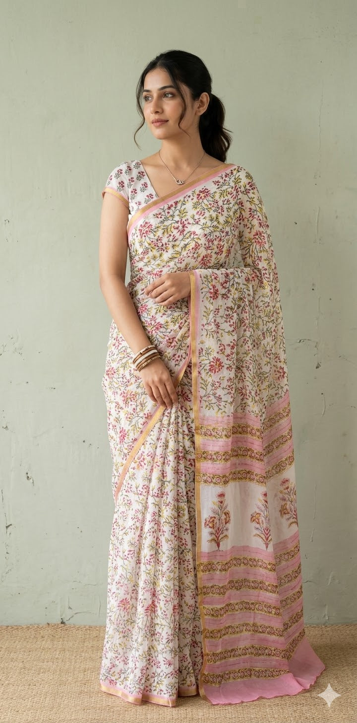 Premium handblock printed Pure Chiffon saree , with BP