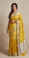 Yellow pure handloom chanderi silk saree with stitched blouse