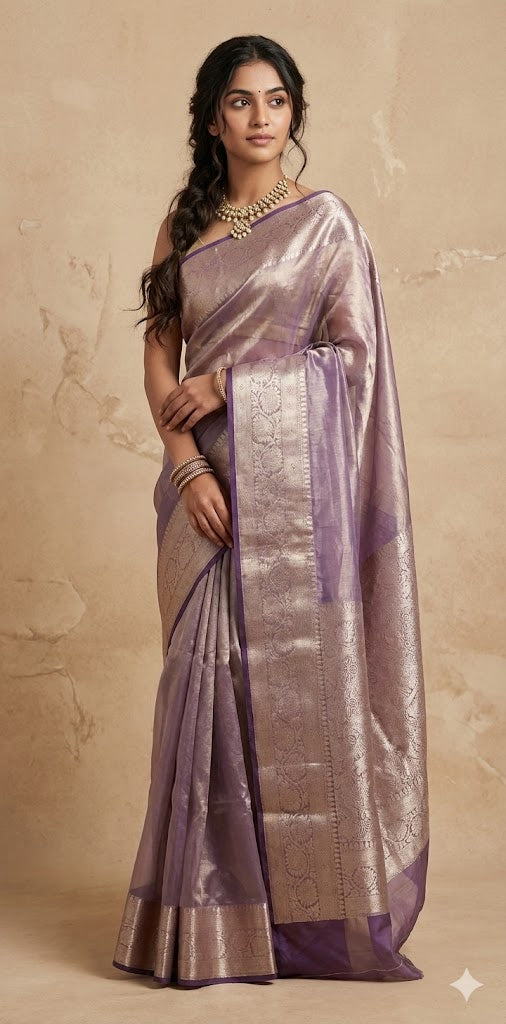 Pure lavender organza tissue silk saree with stitched blouse
