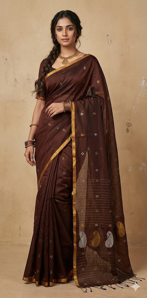Brown cotton silk handloom jamdani saree with stitched blouse