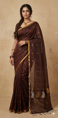 Brown cotton silk handloom jamdani saree with stitched blouse