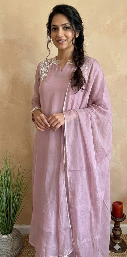Lilac Organza silk kurti set with handwork