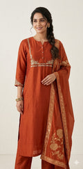 Orange chanderi silk kurti with handwork, bottom and banarsi dupatta